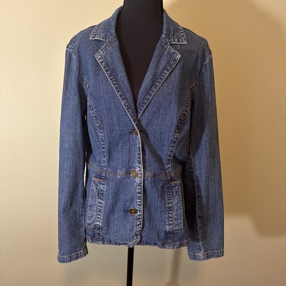 Vintage Jean Jacket St. John's Bay Blazer Style Fitted Denim Blue Woman's Size L